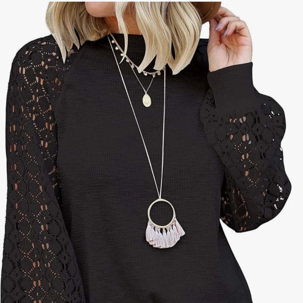 NWT Black Lace Sleeve Top With Zip Back